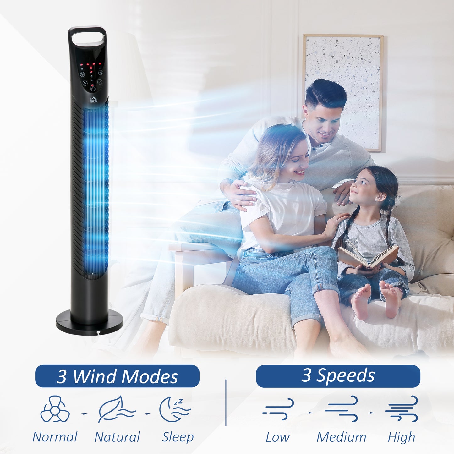HOMCOM 31" Bladeless Tower Fan | 70° Oscillation, 37.8dB Quiet, 7.5H Timer, Remote Control — Black