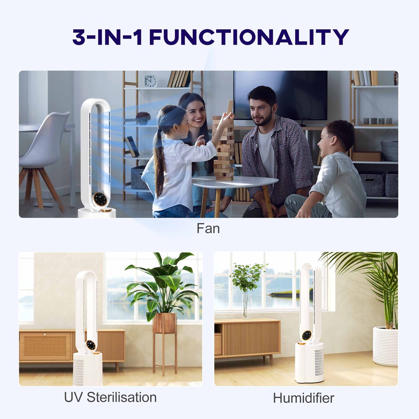 HOMCOM Bladeless Tower Fan with Humidifier & UV Sterilisation | 28dB, 12 Speeds, 90° Oscillation, 8H Timer — White
