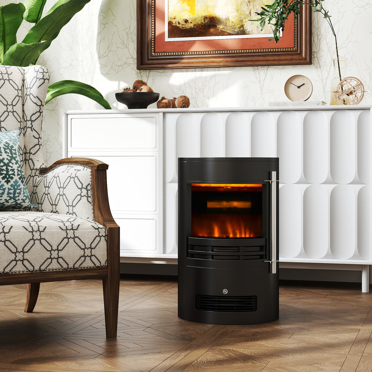 HOMCOM 1000W/2000W Freestanding Electric Fireplace, Indoor Heater Fire Stove with Log Burner Effect Flame, Thermostat Control