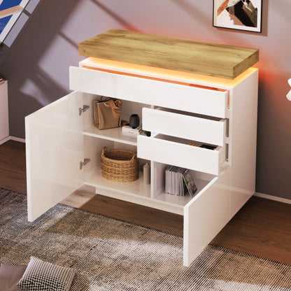 High-Gloss Sideboard Cabinet with RGB LED Lighting | 2 Doors & 3 Drawers, App-Controlled, White — 110 x 115 x 39 cm