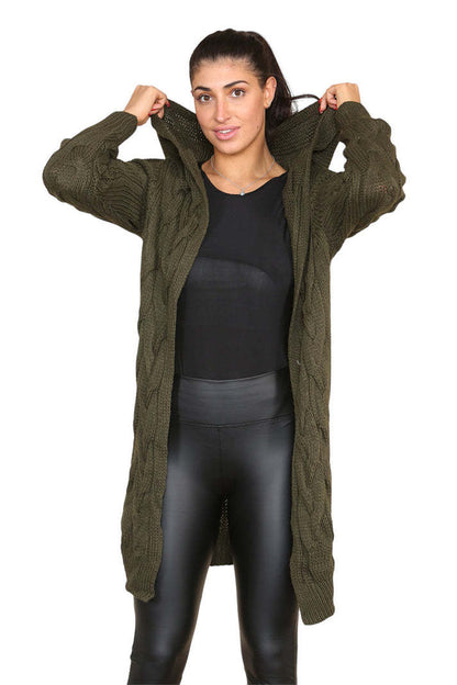 Knitted Cables Hooded Long Oversized Cardigan - Italian Made Women's Cozy Knitwear | UK Fashion