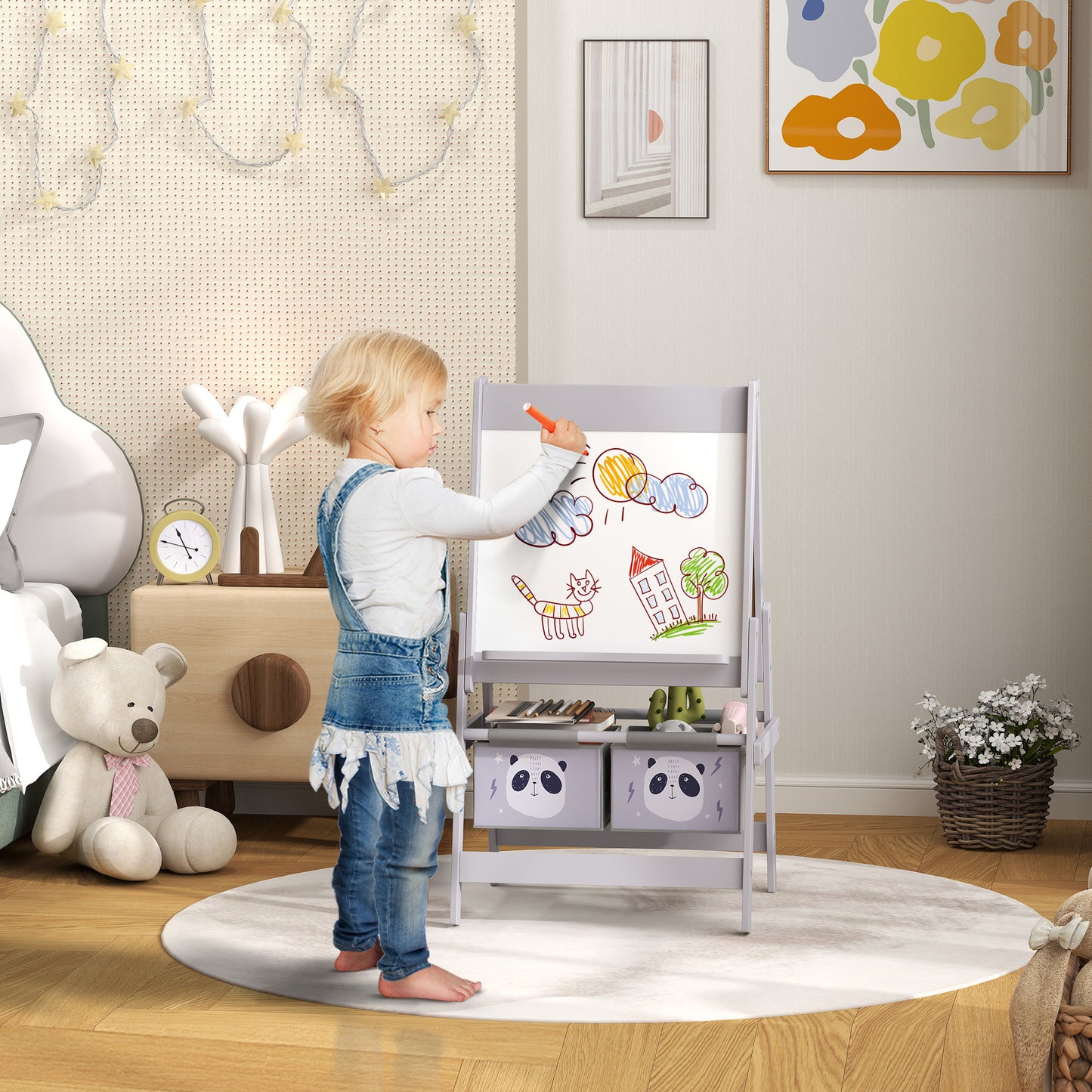 3‑in‑1 Kids Art Easel with Paper Roll – Drawing Board with Storage (Grey)