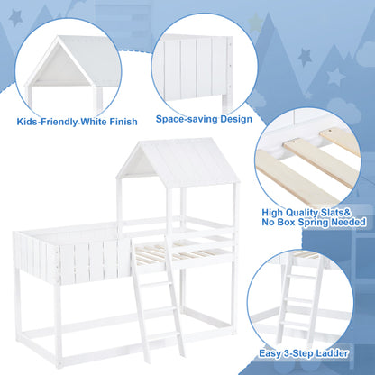 Wooden Mid Sleeper Bed (3ft Single) – Treehouse Canopy Loft Bed with Ladder & Guard Rail (90×190cm) | White | UK