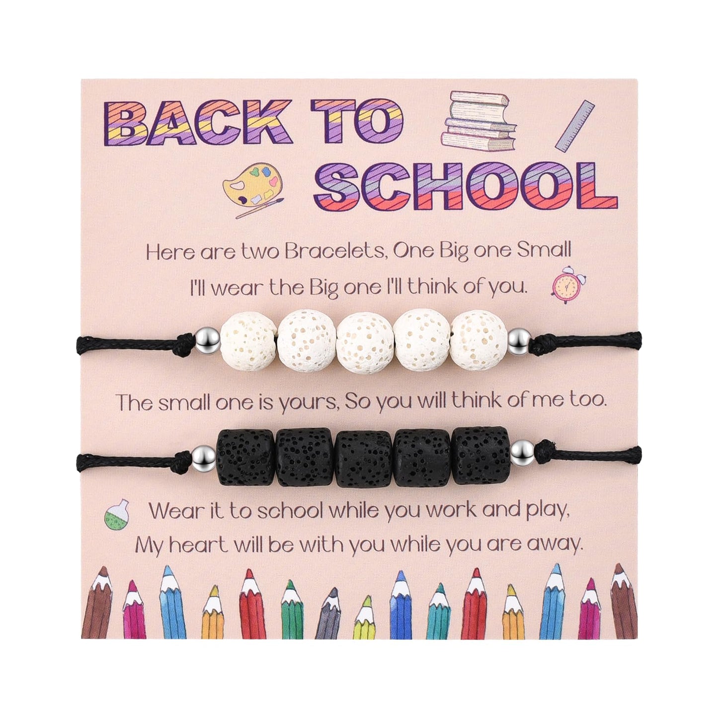 QianSiLi Back to School Bracelet Set | Parent & Child Matching Lava Stone Bead Bracelets with Gift Card | First Day of School Gift for Daughter, Granddaughter, Niece