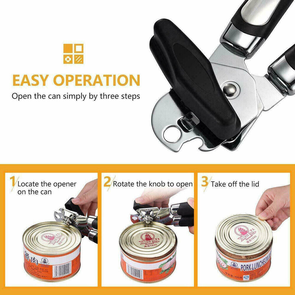 Heavy Duty Stainless Steel Tin Can Opener Cutter – Easy Comfy Handle Grip – 3-in-1 Kitchen Tool