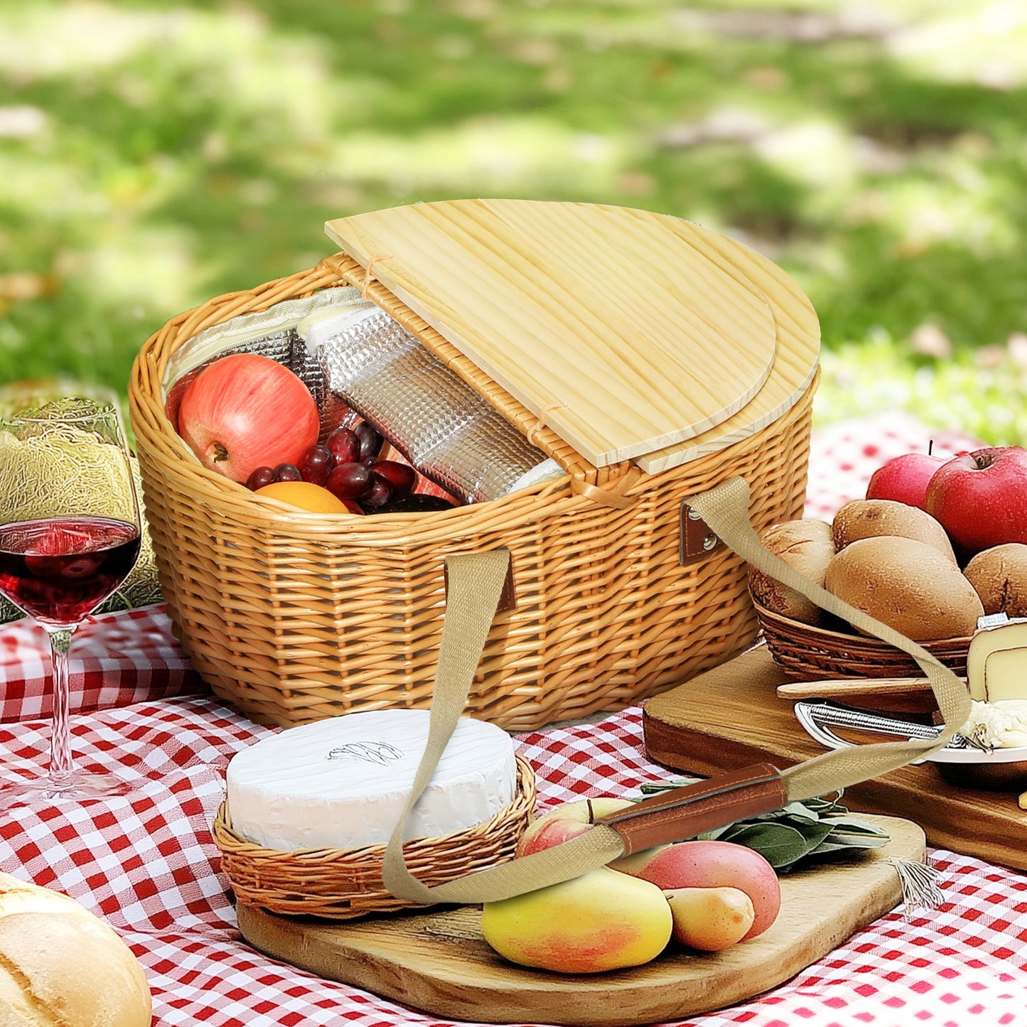 Wicker Picnic Basket for 2 | Hamper with Cooler, Cutlery & Pine Lid | Light Brown