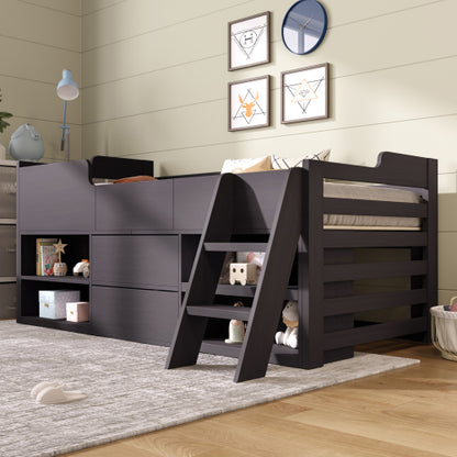 Kids Cabin Bed with Storage – 3ft Single (90×190cm) Mid Sleeper Bed Frame with Drawers & Shelves | White | UK