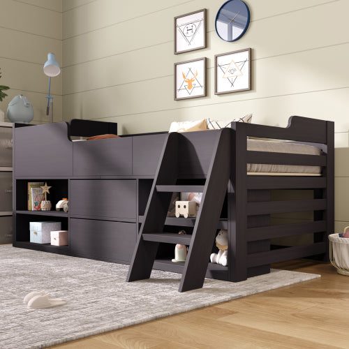 Kids Cabin Bed with Storage – 3ft Single (90×190cm) Mid Sleeper Bed Frame with Drawers & Shelves | White | UK