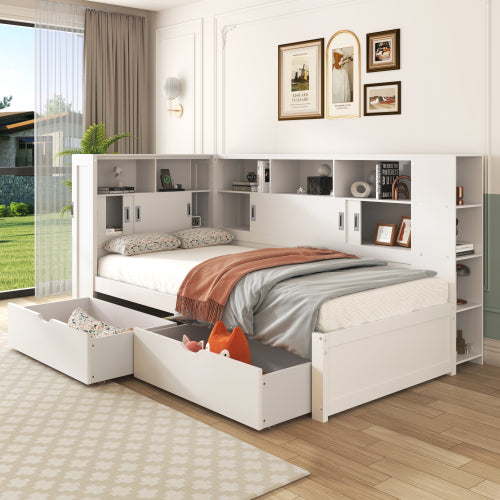 Single Platform Bed with L-Shape Wrap-Around Storage, Pull-Out Trundle & Integrated UK Mains Sockets + USB Charging | 3ft (90×190cm) | White