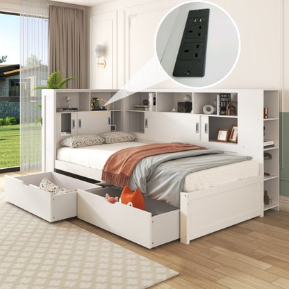 Single Platform Bed with L-Shape Wrap-Around Storage, Pull-Out Trundle & Integrated UK Mains Sockets + USB Charging | 3ft (90×190cm) | White