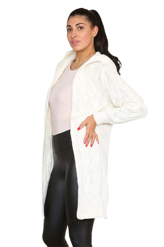 Knitted Cables Hooded Long Oversized Cardigan - Italian Made Women's Cozy Knitwear | UK Fashion