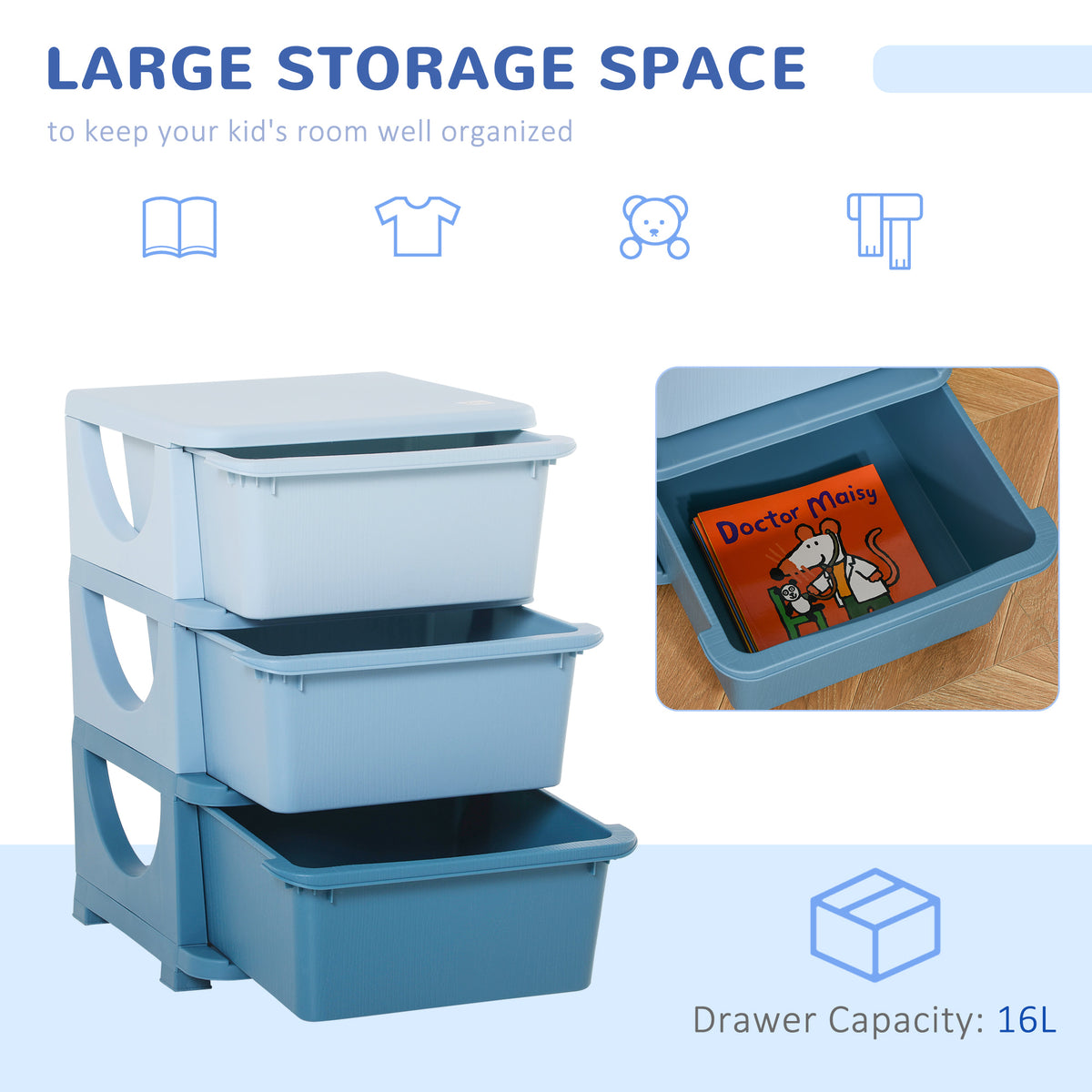 HOMCOM 3 Drawers Plastic Kids Storage Units, 3 Tier Children Toy Chest for Nursery, Playroom, Bedroom, Blue