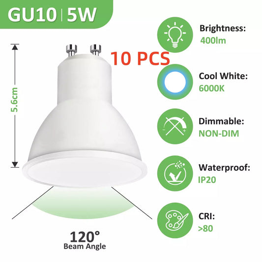 10x GU10 LED Bulbs 5W – Energy Saving 6000K Cool Day White Spotlights – 120° Beam, 800 Lumen, Non-Dimmable