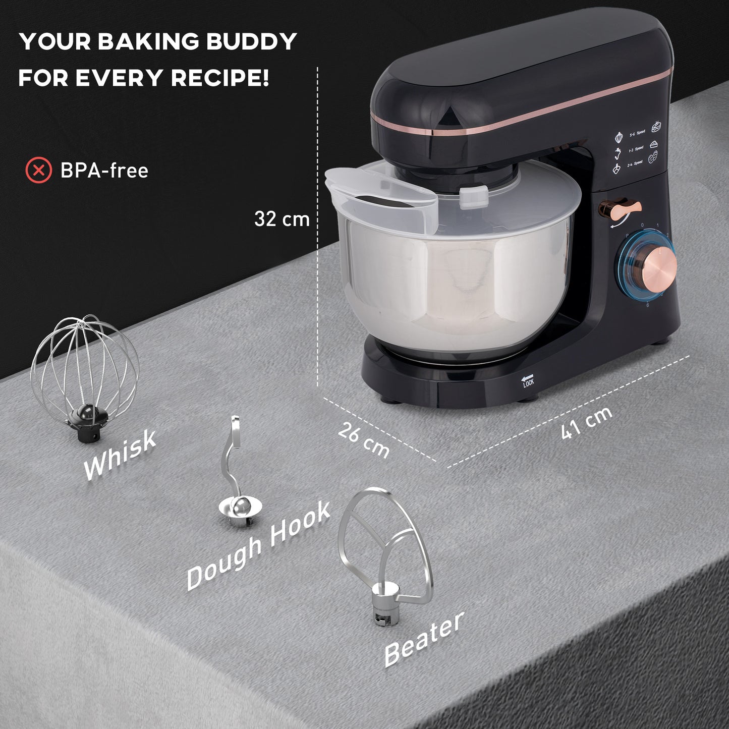 5L Stand Mixer 1400W – 6 Speeds + Pulse, Stainless Steel Bowl, Dough Hook/Whisk/Beater (Black)