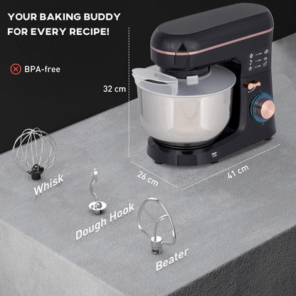5L Stand Mixer 1400W – 6 Speeds + Pulse, Stainless Steel Bowl, Dough Hook/Whisk/Beater (Black)