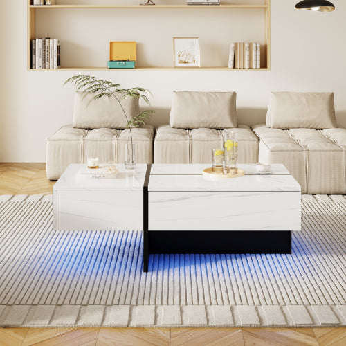 High‑Gloss Coffee Table – White Marble‑Effect Top with Black Risers + App‑Controlled LED Lights