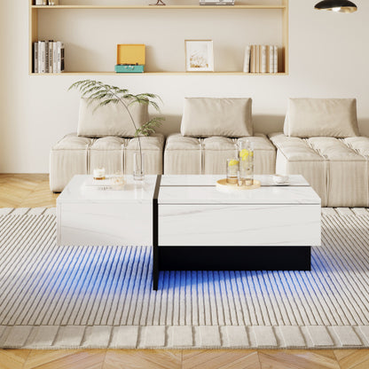 High‑Gloss Coffee Table – White Marble‑Effect Top with Black Risers + App‑Controlled LED Lights