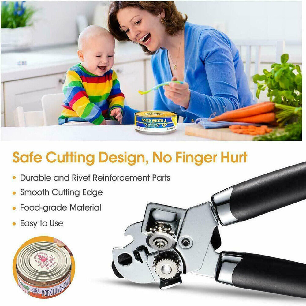 Heavy Duty Stainless Steel Tin Can Opener Cutter – Easy Comfy Handle Grip – 3-in-1 Kitchen Tool