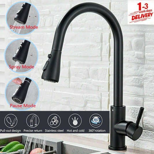 360° Kitchen Sink Mixer Tap – Pull-Out Spout Spray – Single Lever Modern Mono Mixer - Black