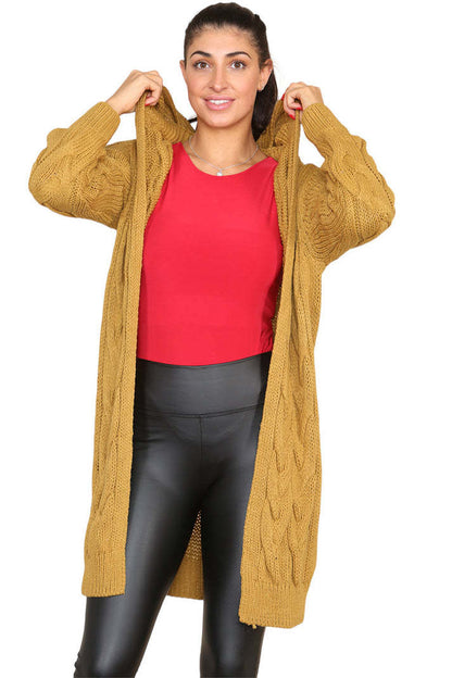 Knitted Cables Hooded Long Oversized Cardigan - Italian Made Women's Cozy Knitwear | UK Fashion