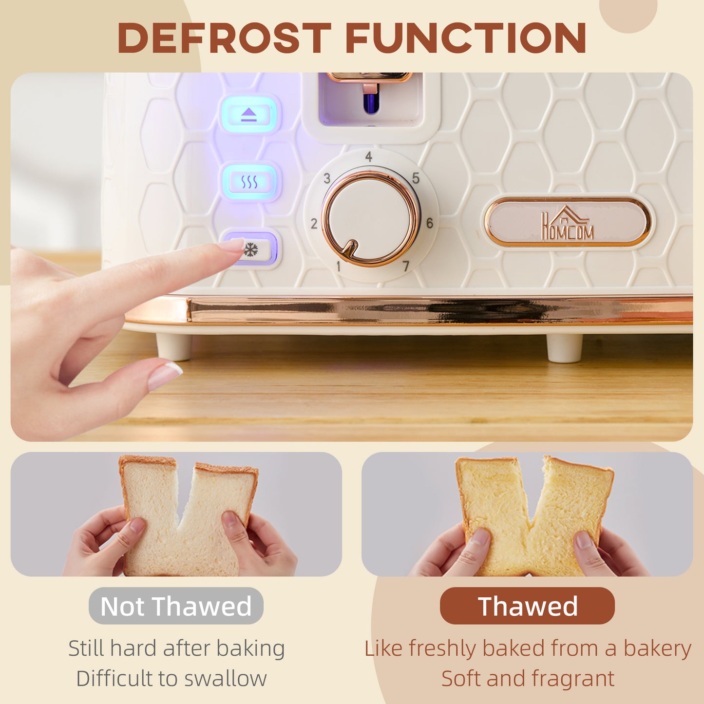HOMCOM 4-Slice Toaster | White & Rose Gold, Honeycomb Texture, 7-Level Browning, Wide Slots, Defrost, Reheat, Cancel, Removable Crumb Tray