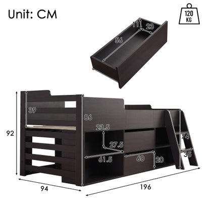 Kids Cabin Bed with Storage – 3ft Single (90×190cm) Mid Sleeper Bed Frame with Drawers & Shelves | White | UK