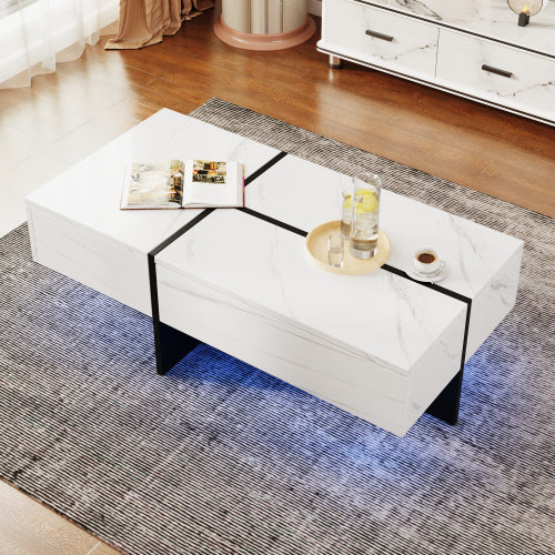 High‑Gloss Coffee Table – White Marble‑Effect Top with Black Risers + App‑Controlled LED Lights