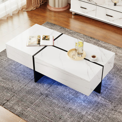 High‑Gloss Coffee Table – White Marble‑Effect Top with Black Risers + App‑Controlled LED Lights