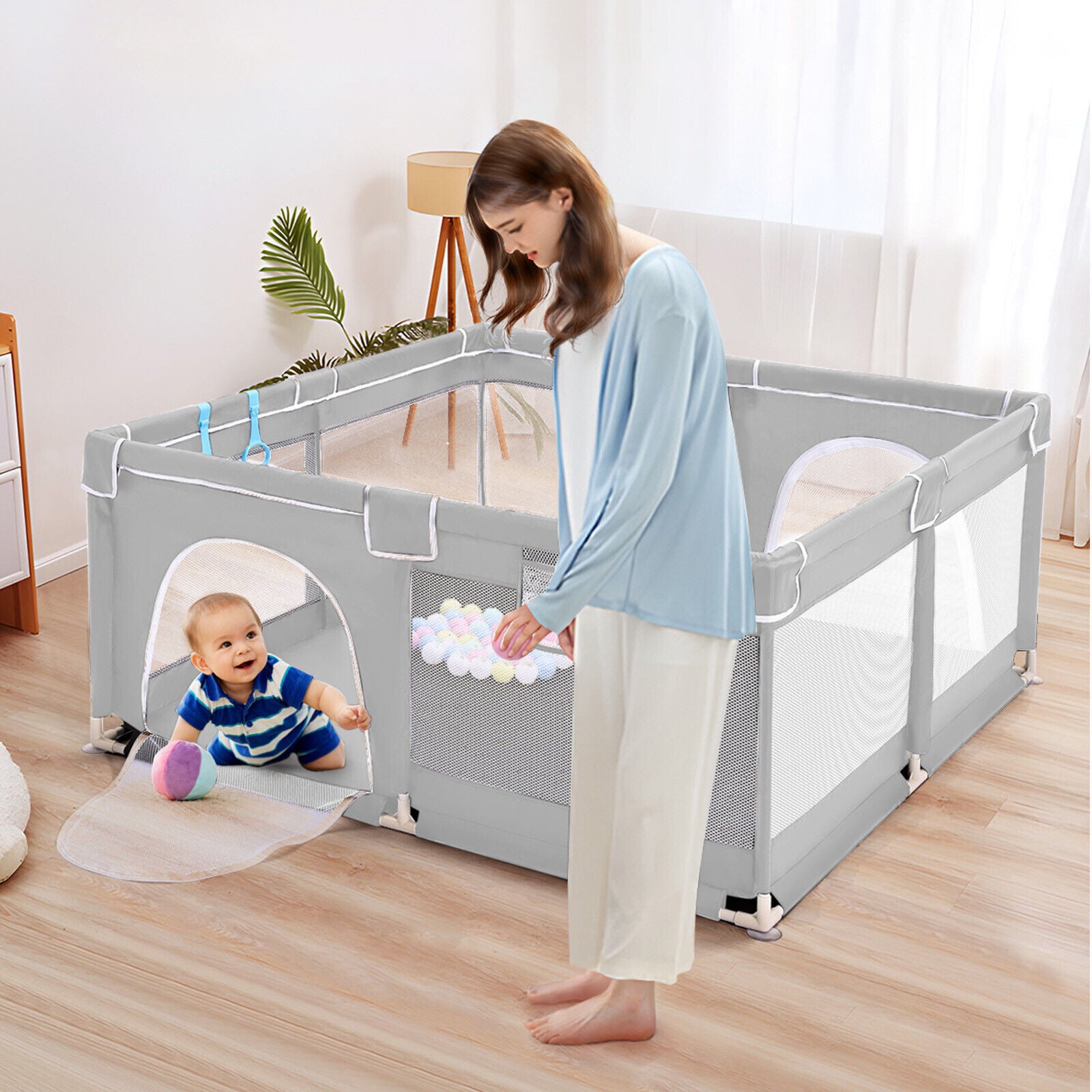 Baby Playpen with Mat – Indoor & Outdoor Activity Fence for Toddlers - Grey