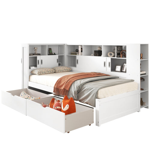 Single Platform Bed with L-Shape Wrap-Around Storage, Pull-Out Trundle & Integrated UK Mains Sockets + USB Charging | 3ft (90×190cm) | White