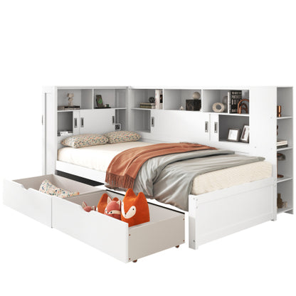 Single Platform Bed with L-Shape Wrap-Around Storage, Pull-Out Trundle & Integrated UK Mains Sockets + USB Charging | 3ft (90×190cm) | White