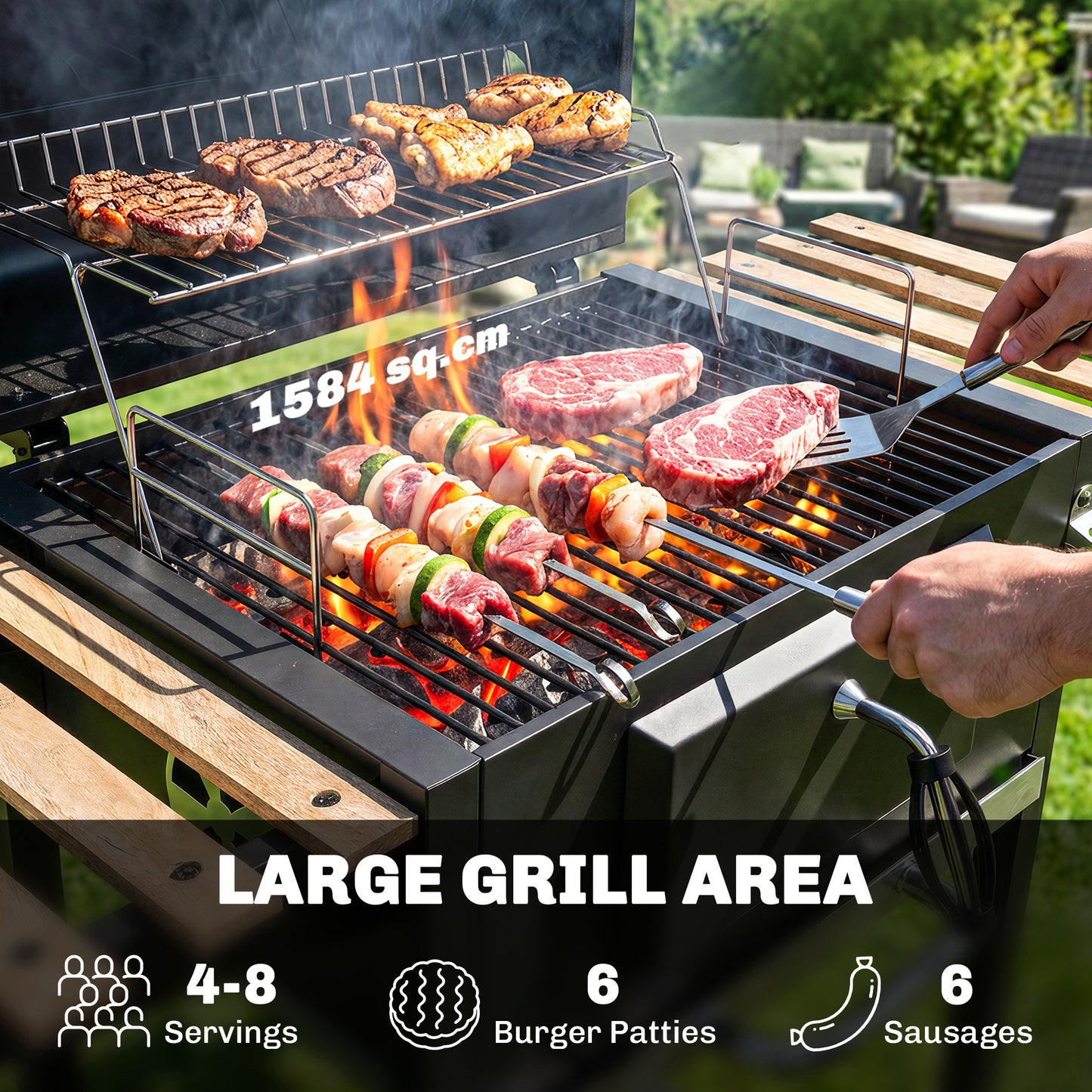 Outsunny Adjustable Charcoal BBQ Grill & Smoker with Warming Rack - Black