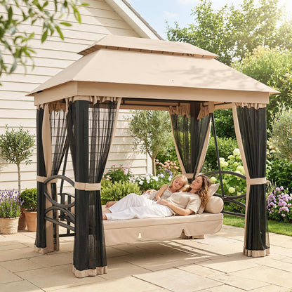 Outsunny 3-Seater Garden Swing Chair | Convertible Patio Bench Bed with Canopy