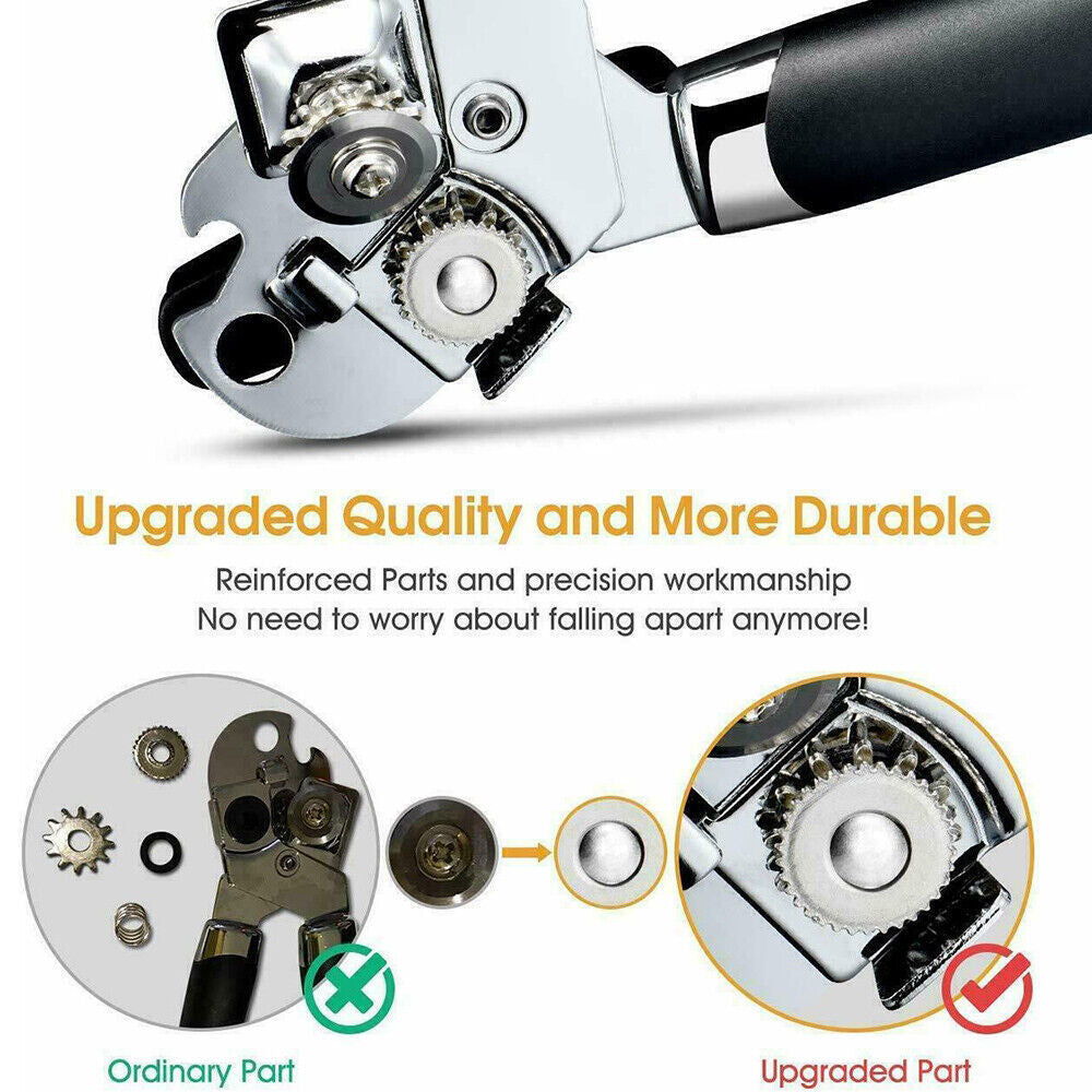 Heavy Duty Stainless Steel Tin Can Opener Cutter – Easy Comfy Handle Grip – 3-in-1 Kitchen Tool
