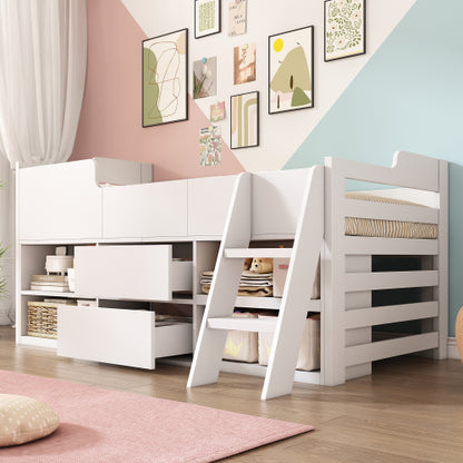 Kids Cabin Bed with Storage – 3ft Single (90×190cm) Mid Sleeper Bed Frame with Drawers & Shelves | White | UK