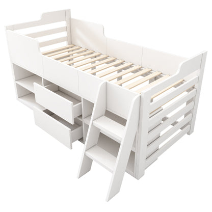 Kids Cabin Bed with Storage – 3ft Single (90×190cm) Mid Sleeper Bed Frame with Drawers & Shelves | White | UK