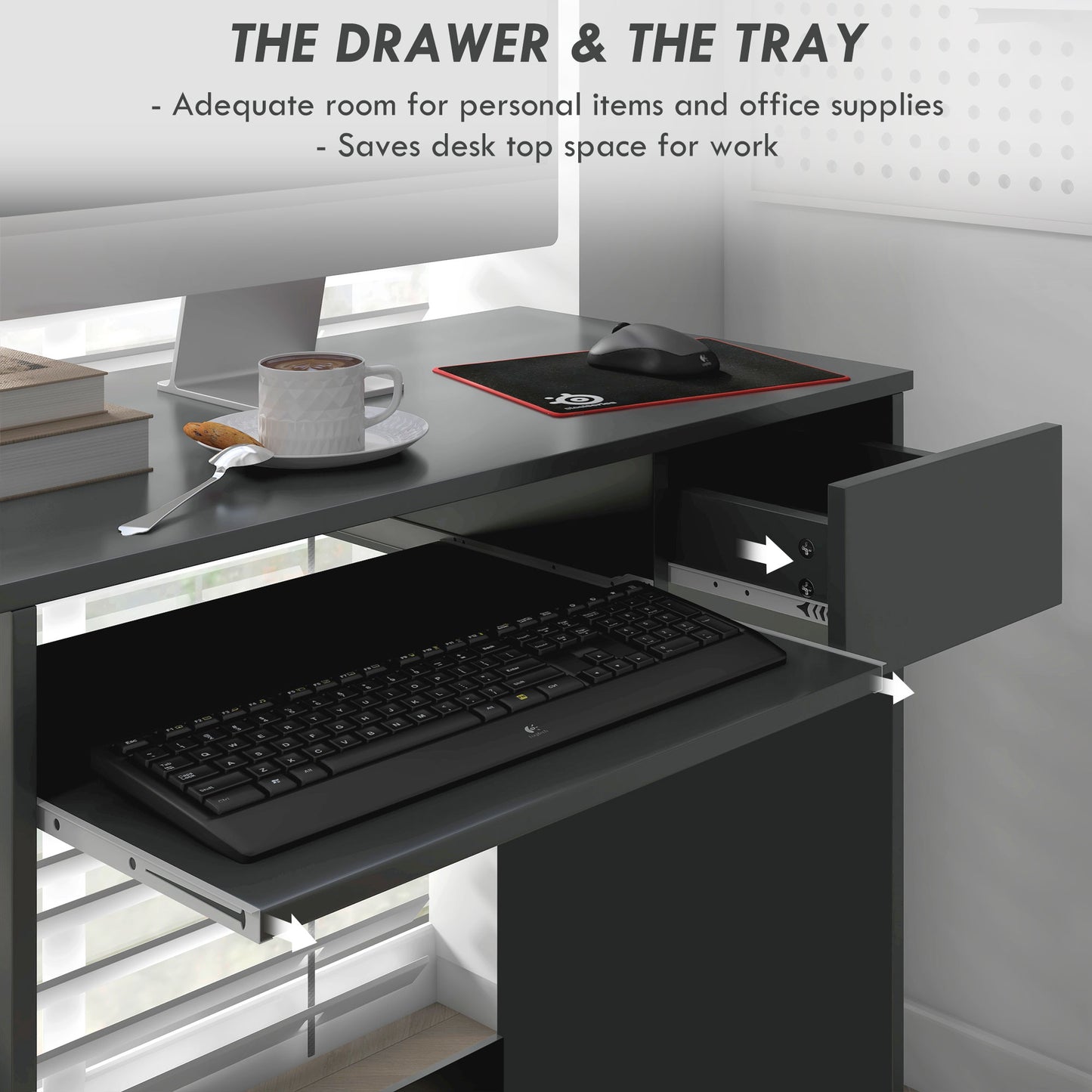 Compact Computer Desk with Keyboard Tray & Drawer | Grey | Home Office