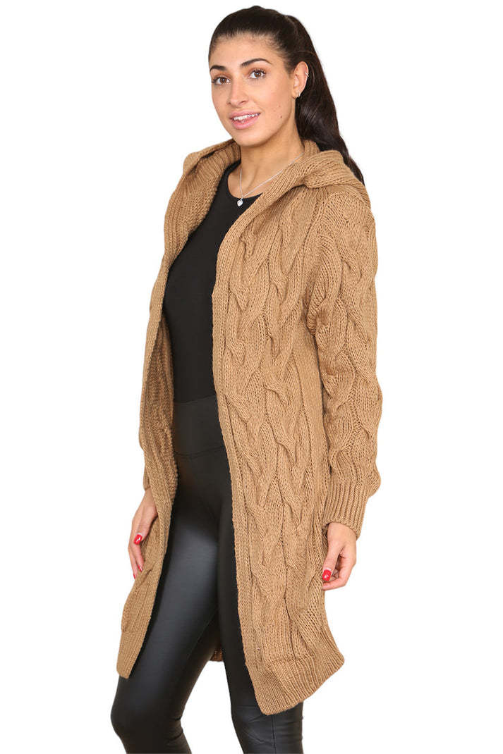 Knitted Cables Hooded Long Oversized Cardigan - Italian Made Women's Cozy Knitwear | UK Fashion