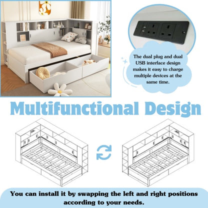 Single Platform Bed with L-Shape Wrap-Around Storage, Pull-Out Trundle & Integrated UK Mains Sockets + USB Charging | 3ft (90×190cm) | White