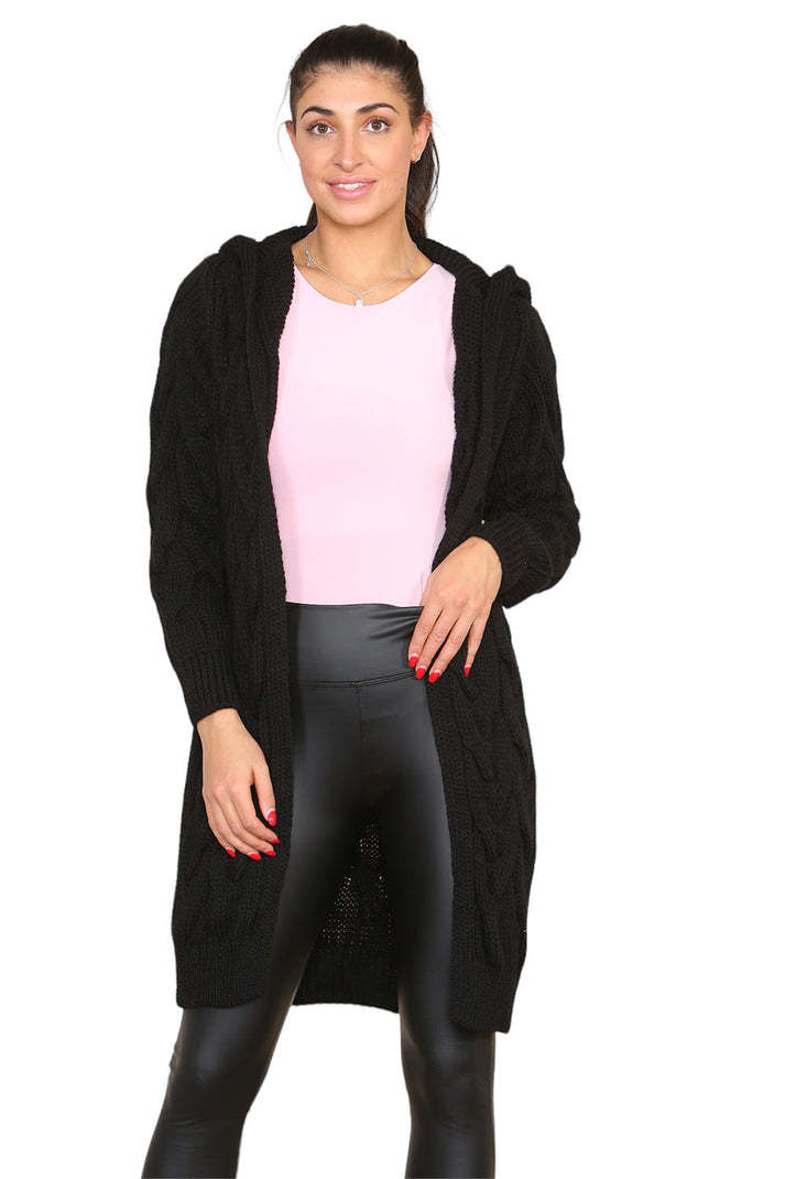 Knitted Cables Hooded Long Oversized Cardigan - Italian Made Women's Cozy Knitwear | UK Fashion