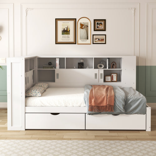 Single Platform Bed with L-Shape Wrap-Around Storage, Pull-Out Trundle & Integrated UK Mains Sockets + USB Charging | 3ft (90×190cm) | White