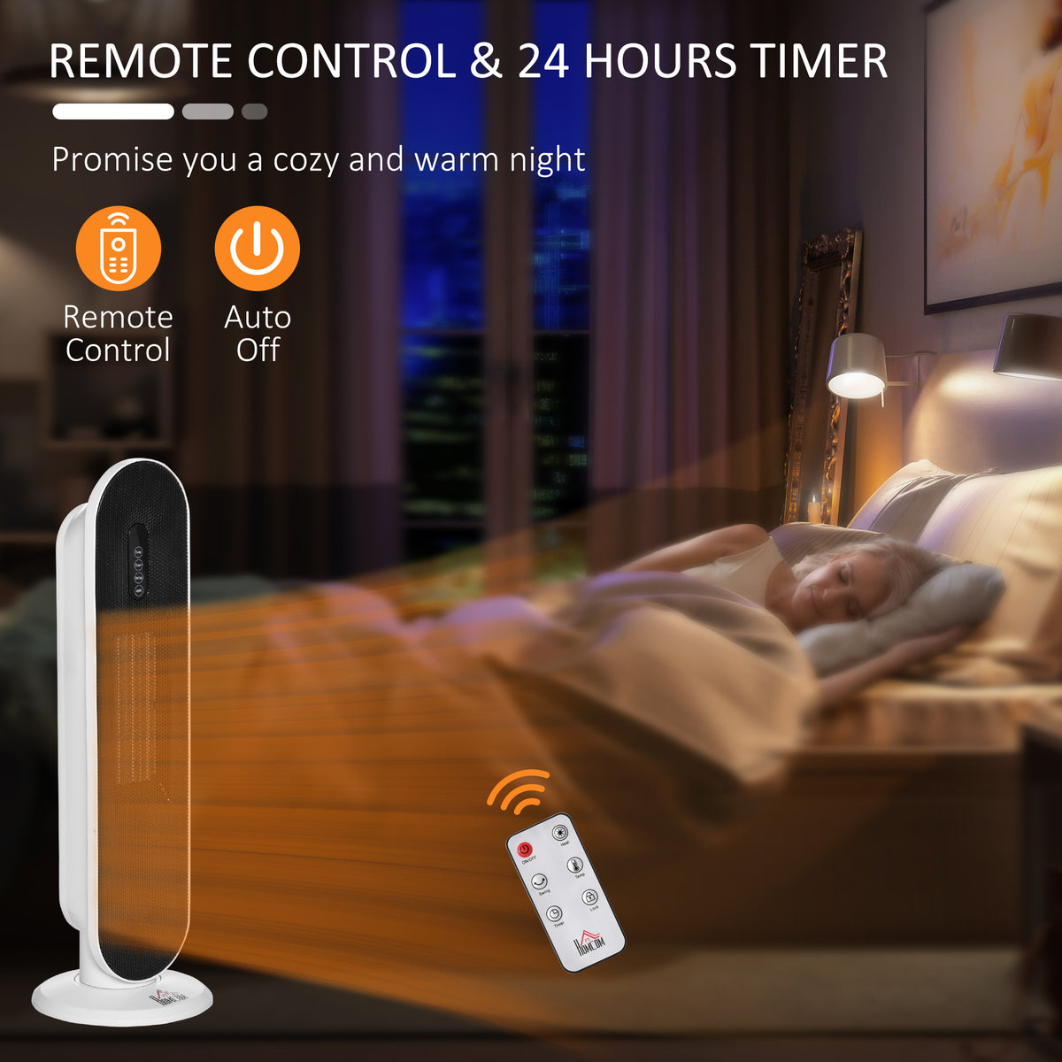 HOMCOM Ceramic Space Heater, Indoor Tower Heater with 2 Heat, Oscillation, Remote Control, Timer, Tip-Over & Overheating Protection, 1200W/2000W, White
