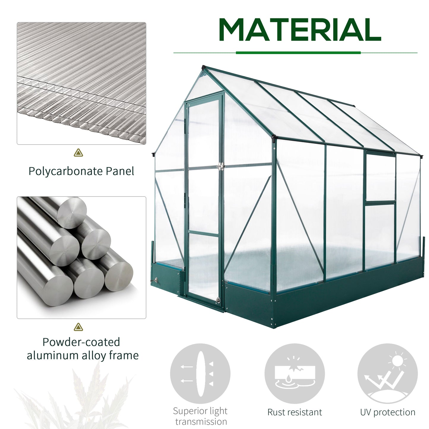 Outsunny six by eight foot polycarbonate walk-in greenhouse - product view 4