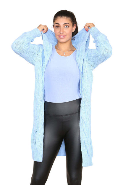 Knitted Cables Hooded Long Oversized Cardigan - Italian Made Women's Cozy Knitwear | UK Fashion