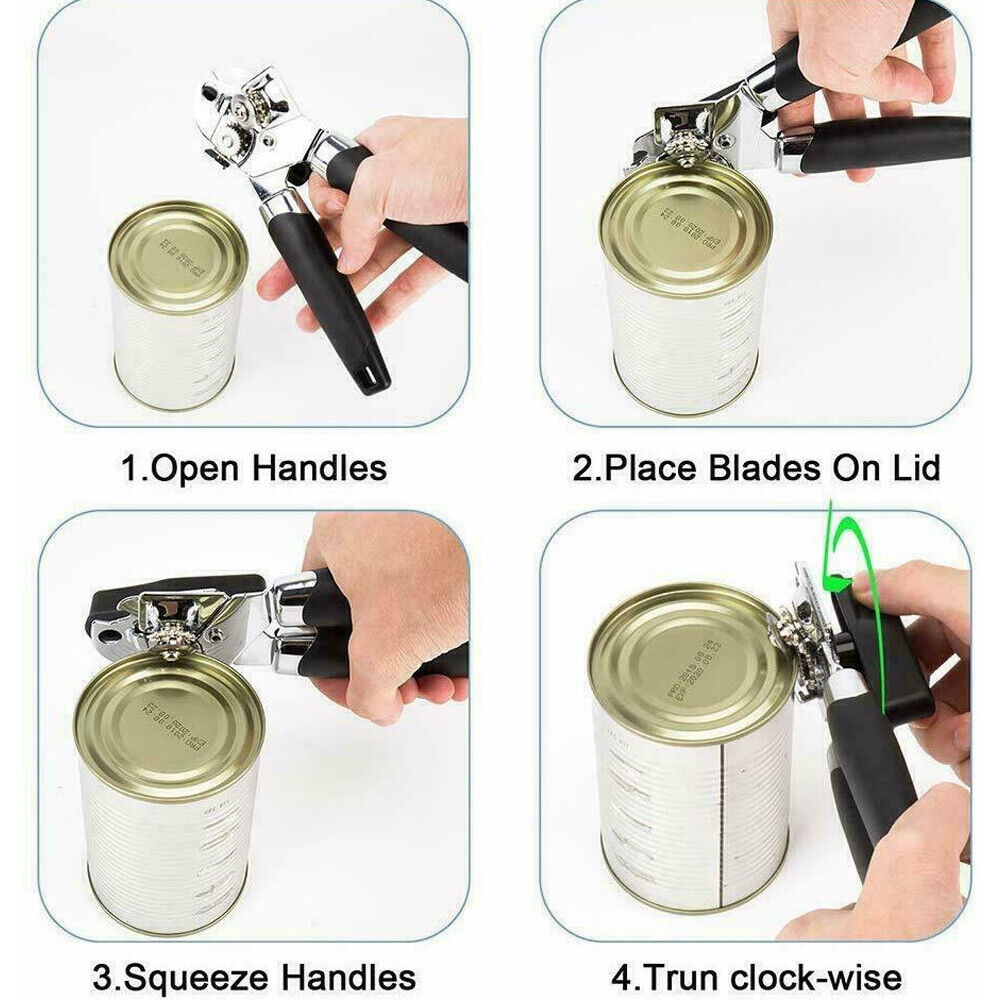 Heavy Duty Stainless Steel Tin Can Opener Cutter – Easy Comfy Handle Grip – 3-in-1 Kitchen Tool