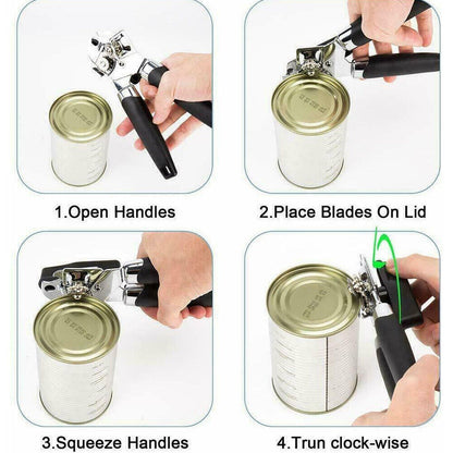 Heavy Duty Stainless Steel Tin Can Opener Cutter – Easy Comfy Handle Grip – 3-in-1 Kitchen Tool