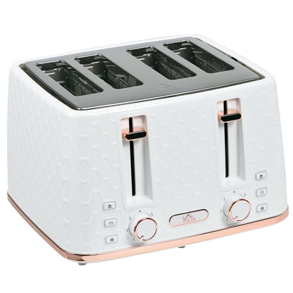 HOMCOM 4-Slice Toaster | White & Rose Gold, Honeycomb Texture, 7-Level Browning, Wide Slots, Defrost, Reheat, Cancel, Removable Crumb Tray