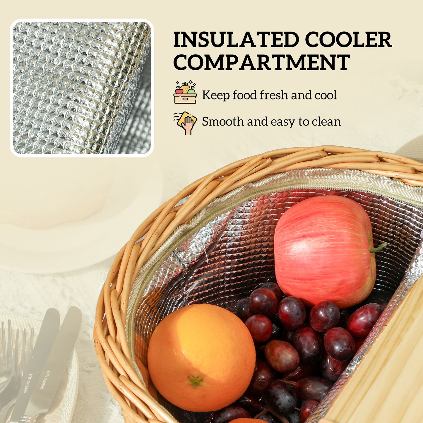 Wicker Picnic Basket for 2 | Hamper with Cooler, Cutlery & Pine Lid | Light Brown