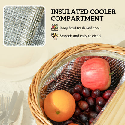 Wicker Picnic Basket for 2 | Hamper with Cooler, Cutlery & Pine Lid | Light Brown