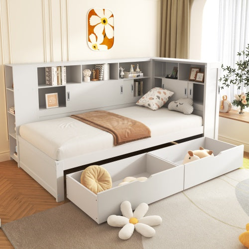 Single Platform Bed with L-Shape Wrap-Around Storage, Pull-Out Trundle & Integrated UK Mains Sockets + USB Charging | 3ft (90×190cm) | White